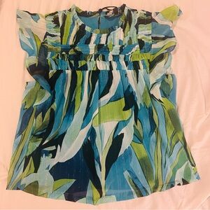 DKNYC Blue and Green Boxy Pleated Blouse with Bib Collar